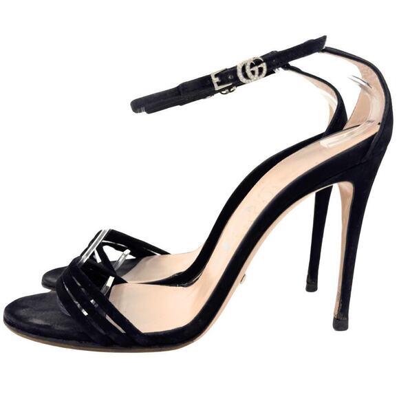 Gucci GG Logo Marmont Black Suede Heels Sandals Isle Crystal Ankle Strap EU 37.5 - Picture 3 of 11